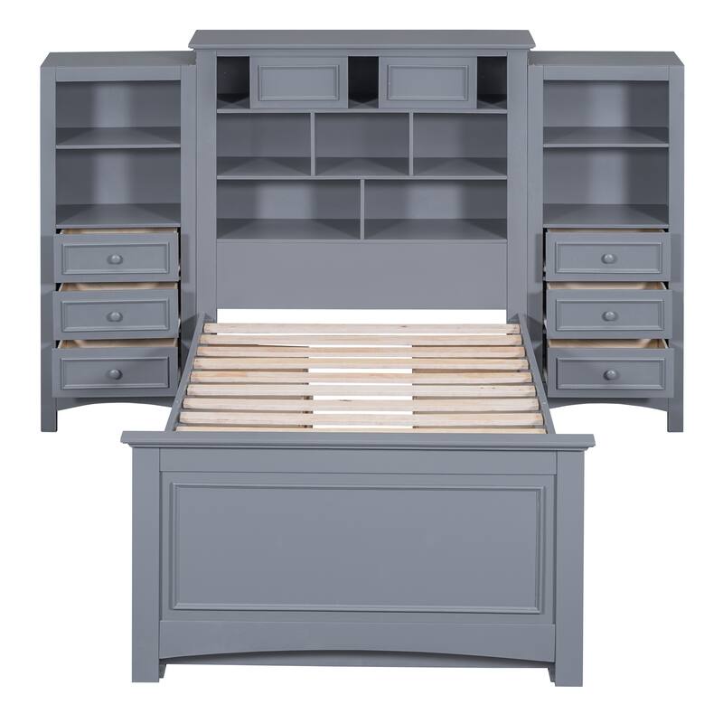 All-in-One Bookcase Captains Bed Wood Storage Platform Bed with Storage Headboard and Drawers, Twin Size Space Saving Bed