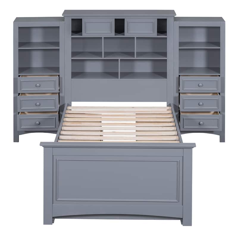 Twin Wood Bed with Cabinets and Drawers - Grey