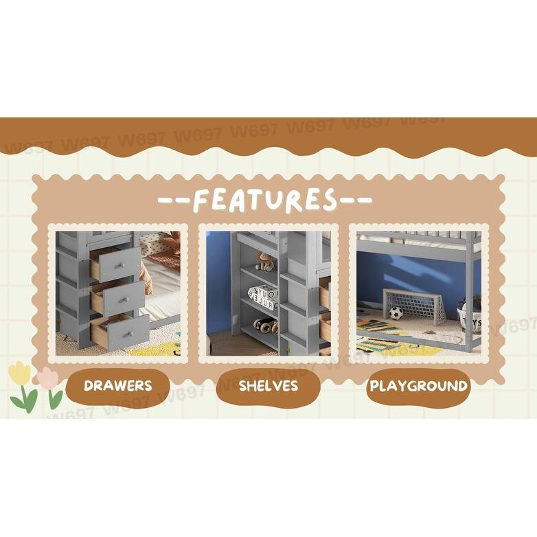 Sturdy Twin Size House Bunk Bed with Storage Drawers and Shelves, Pine Wood Bunk Bed for Kids with Roof and Guardrails.