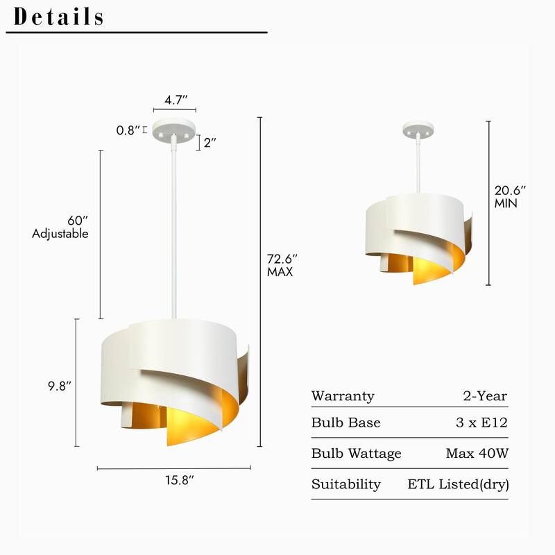 Modern Unique 3-Light Chandelier White Gold Spiral Design Large Pendant for Kitchen Dining Room - 15.8 " × 9.8 "