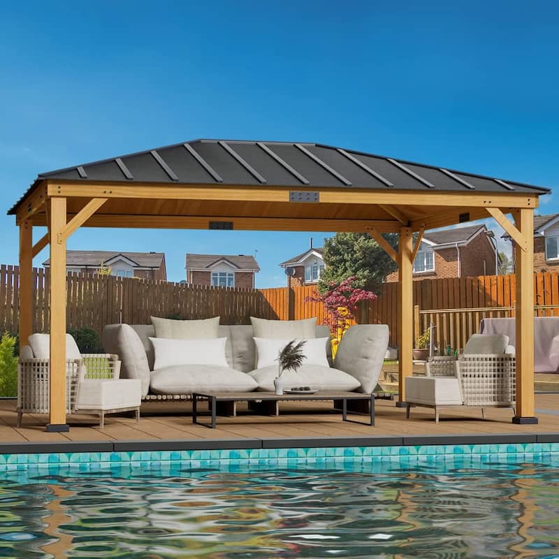 Hardtop Wood Gazebo for Patio, Outdoor Cedar/Spruce Pergola with Metal or Asphalt Roof, All-Weather Backyard Shelter