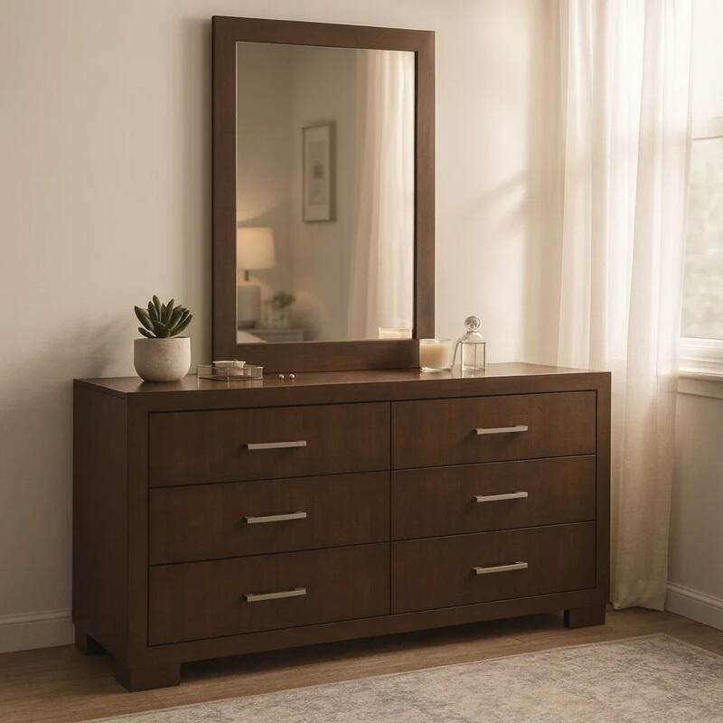 Bela Wide Dresser with Mirror and 6 Drawers, Silver, Cappuccino Brown