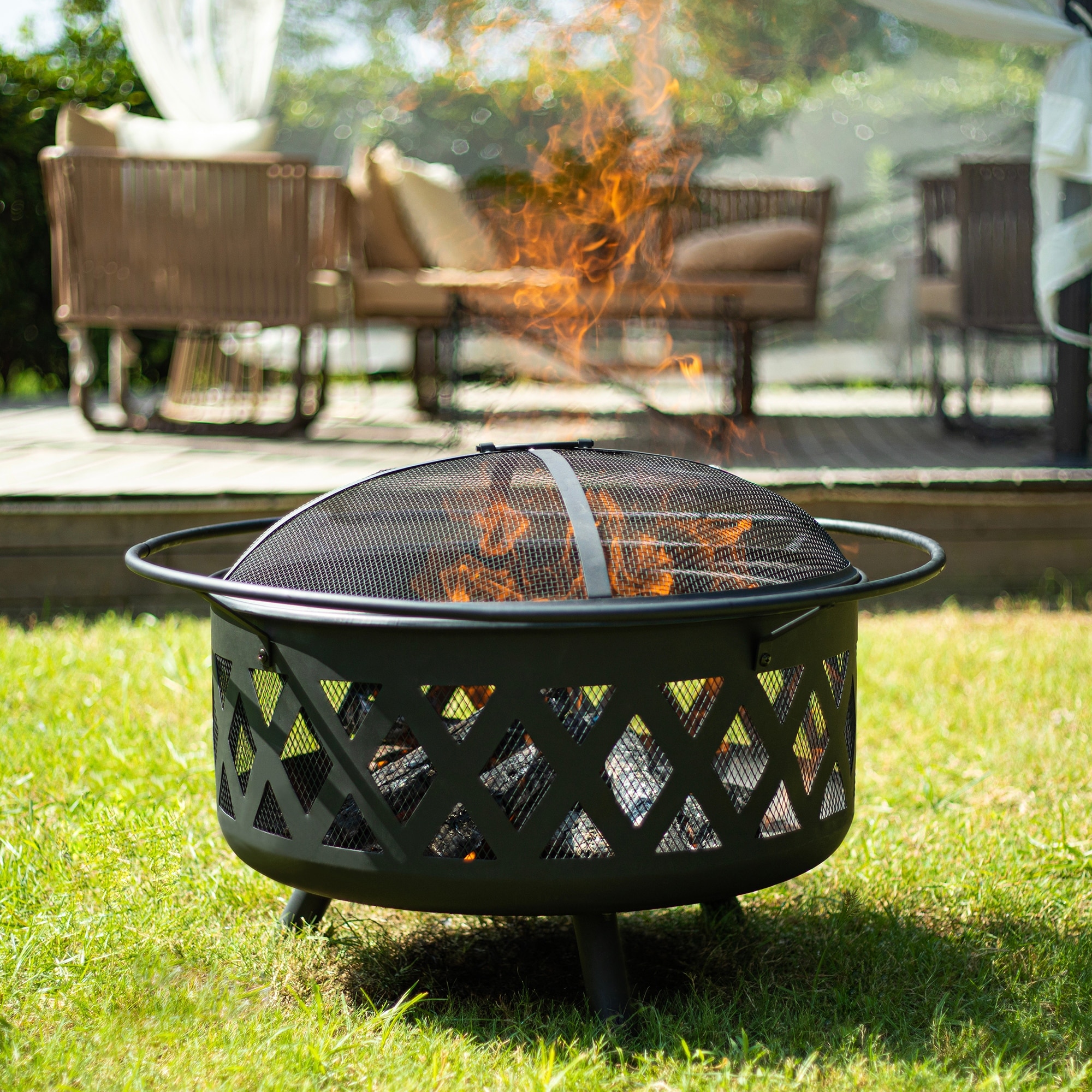 Poker Wood Burning Chiminea Firepla 30” Square Outdoor Fire Pit w/Mesh Screen 