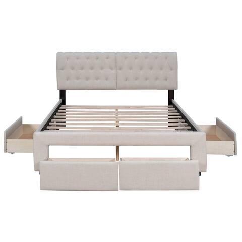 Beige Queen Size Tufted Upholstery Platform Bed with 4 Drawers, 86.6''L, 61.8''W, 41.3''H, 131LBS