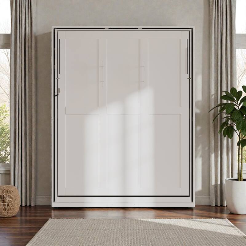 Rotating Queen Murphy Bed with Storage Shelves, 360 Degree Space Saving Wall Bed for Home Office - White - Queen