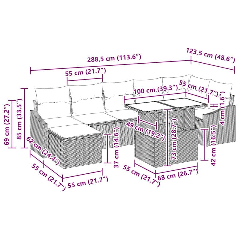 vidaXL 8 Piece Garden Sofa Set with Cushions - 113.6×48.6×27.2