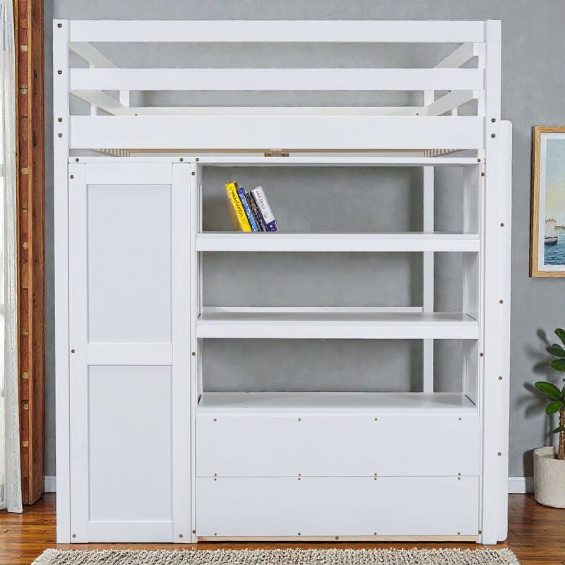 Full Size Wood Loft Bed with Wardrobe, Desk, Storage Shelves and Drawers, Space Saving Design, No Box Spring Needed