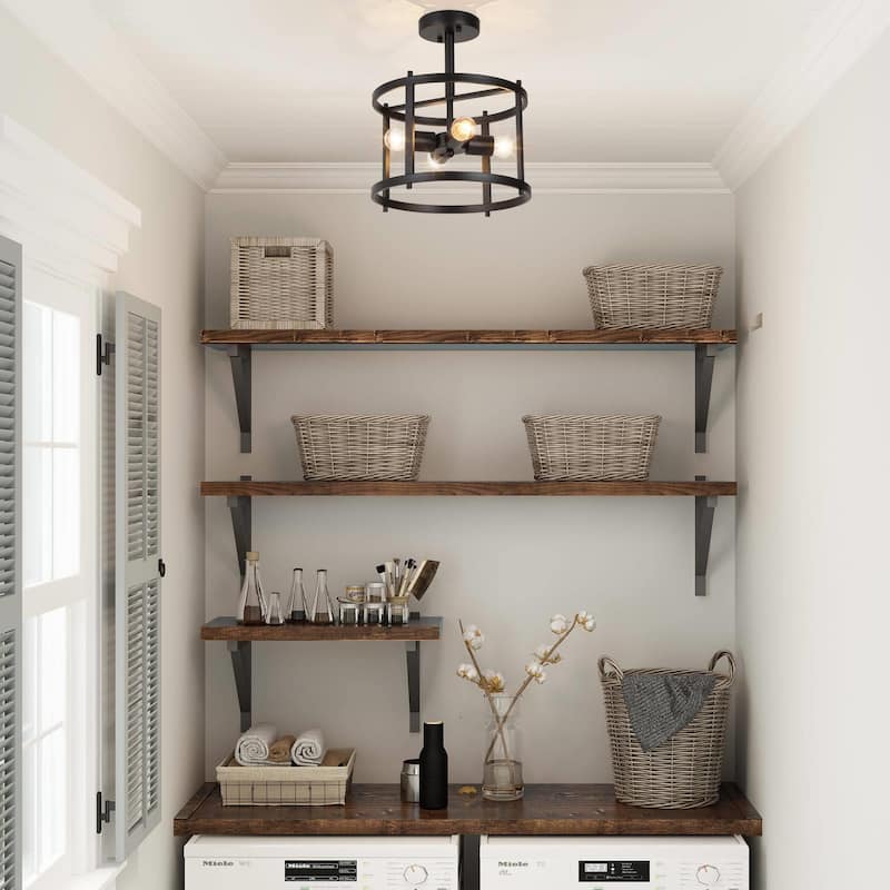 Modern Farmhouse 4-Light Metal Black Drum Semi-flush Mount Foyer Lights - W11.8"xH14"