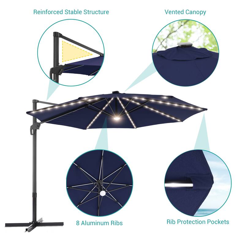 BONOSUKI 11FT LED Cantilever Patio Umbrella Angle Adjustment w/Cross Base