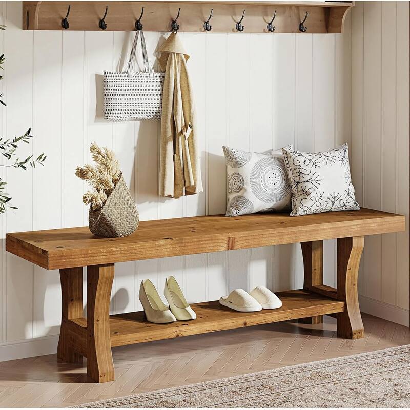 Solid Wood Entryway Bench, 55" End of Bed Bench, Long Indoor Dining Seat - 55.1" W x 13.8" D x 17.7" H - Natural Wood