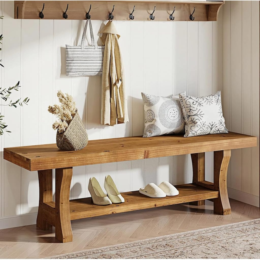 Solid Wood Entryway Bench, 55" End of Bed Bench Dining Bench