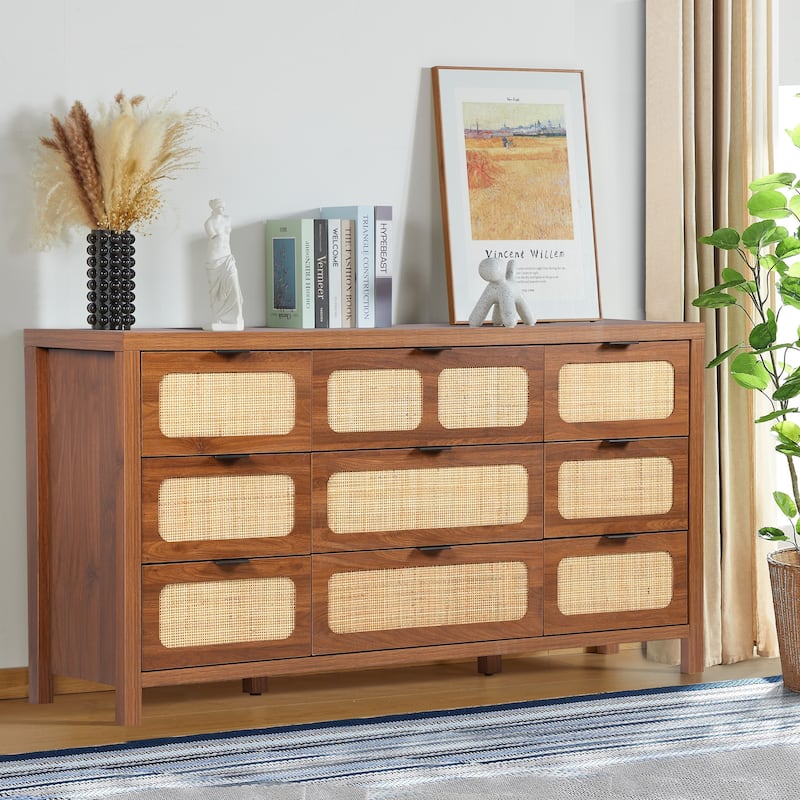 Wooden Rattan Woven 9-Drawer Storage Dresser/Chest of Drawers