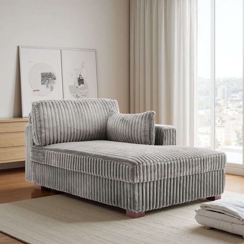 42" W Plush Corduroy Upholstered Chaise Lounge Sleeper for Living - Chaise-Right Facing - Light Grey