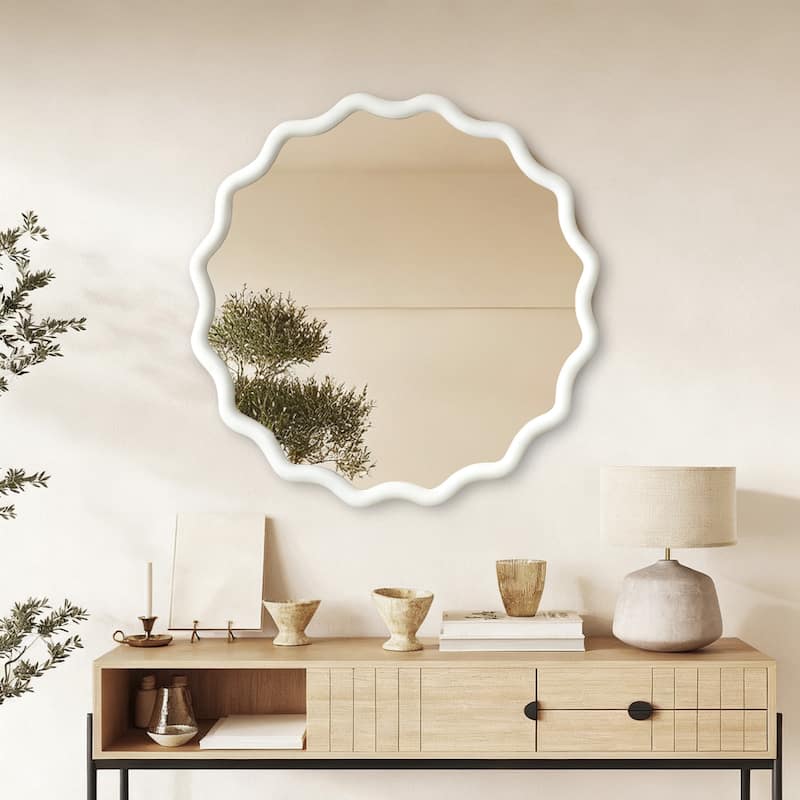 Wavy Round Solid Wood Frame Decorative Mirror - White