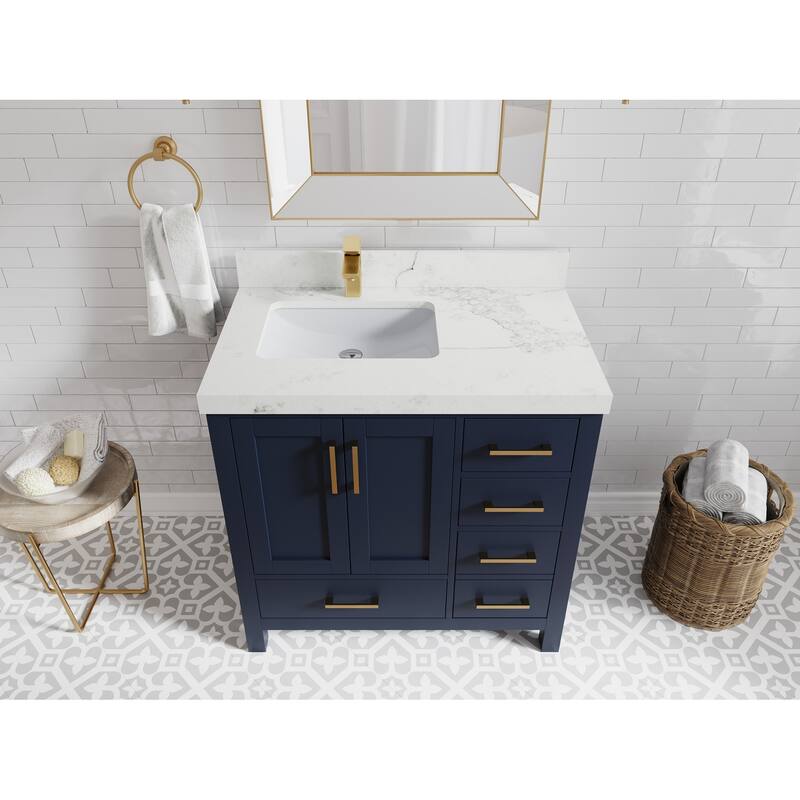 Willow Collections 36 in. W x 22 in. D Malibu Left Offset Sink Bathroom Vanity with Countertop - 2" Calacatta Nuvo - Navy Blue