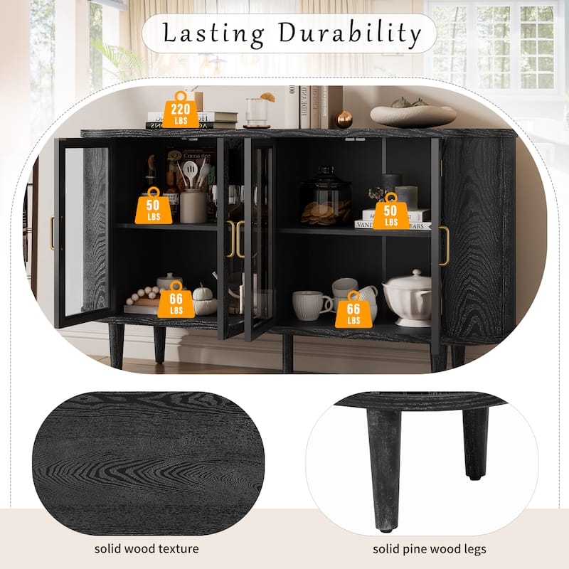 Anmytek Curved Glass Door Sideboard with Gold Handles Dark Wood Farmhouse Buffet Console