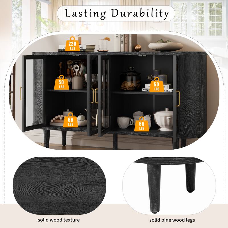 Farmhouse Sideboard Cabinet with Storage, Wood Buffet Cabinet with Glass Doors and Adjustable Shelves