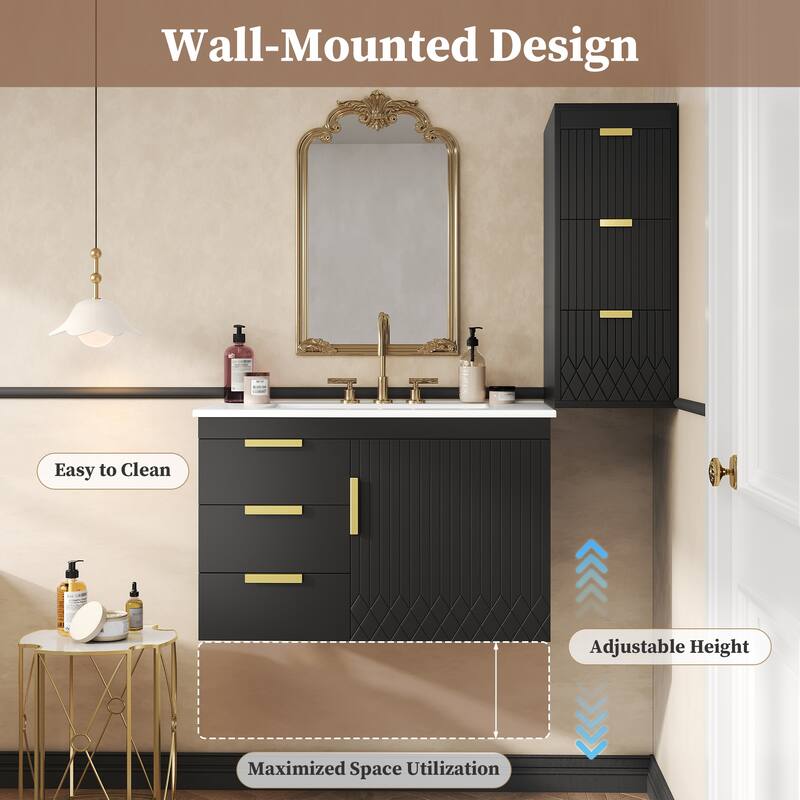 30" Wall Mounted Bathroom Cabinet with Ceramic Basin Sink, Bathroom Cabinet with Soft-Closing Door and Drawers