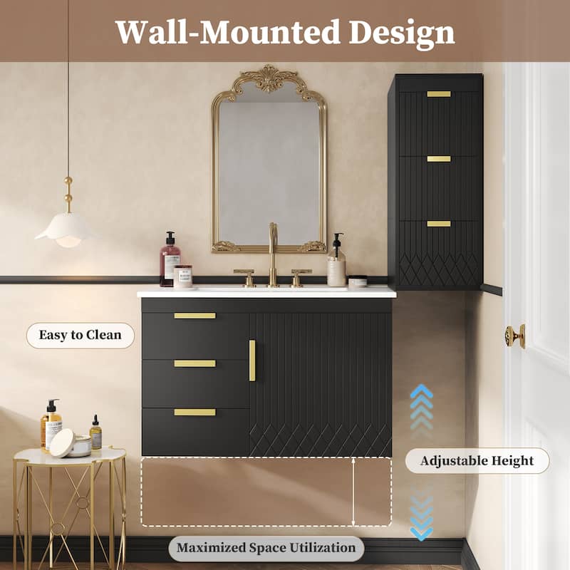 30-Inch Wall Mounted Bathroom Vanity with Sink, Modern Floating Cabinet with Soft-Close Door and Drawers