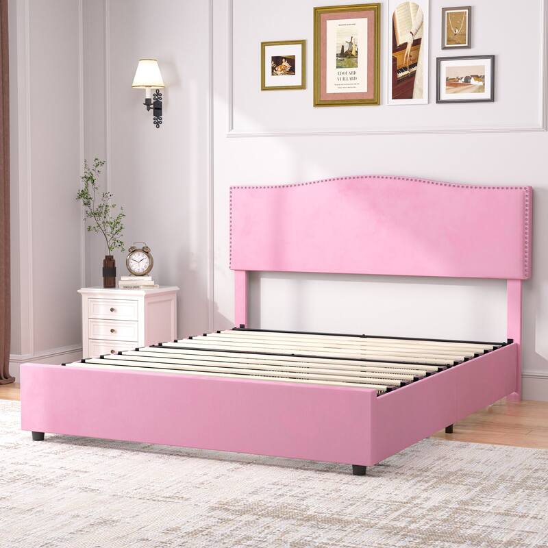 VECELO Upholstered Bed Frame with 4 Storage Drawers Full Queen Heavy Duty Platform with Adjustable Linen Headboard