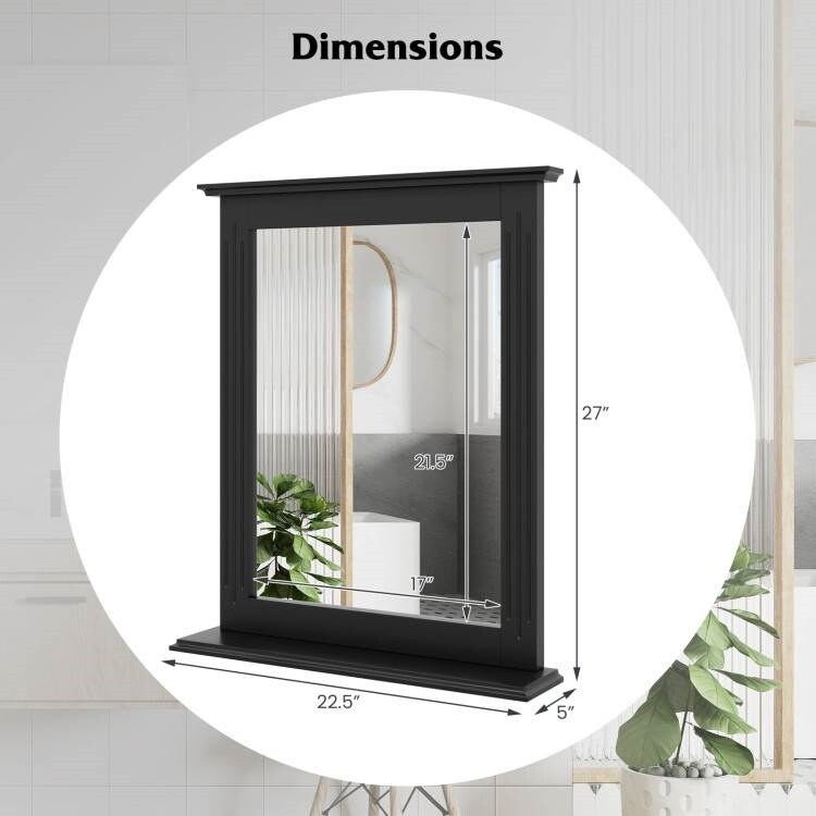 Black MDF Wall Mounted Bathroom Mirror with Storage Shelf - 23