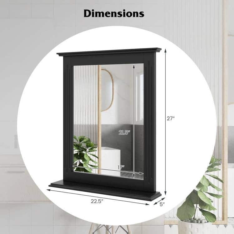Black MDF Wall Mounted Bathroom Mirror with Storage Shelf - 23 Inch