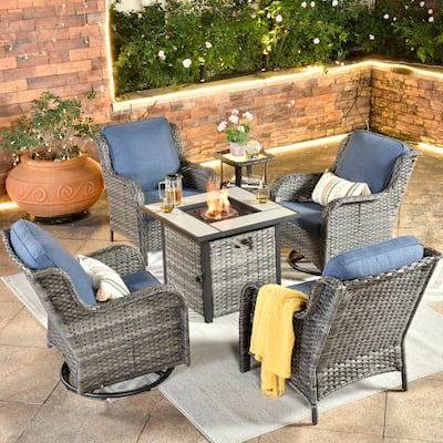 OVIOS Grey Wicker 6-piece Patio Furniture Set Swivel Rocking Chair With Fire Pit