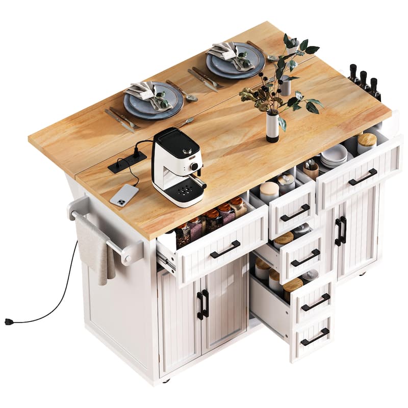 Rolling Kitchen Island with Drop Leaf & Power Outlet, Mobile Kitchen Cart on Wheels, Coffee Bar Cabinet with 4 Doors & 5 Drawers