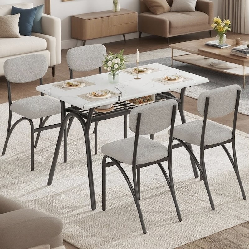 Dining Table Set for 4, with 4 Boucle Chairs and Storage Rack - White Table + Grey Chair