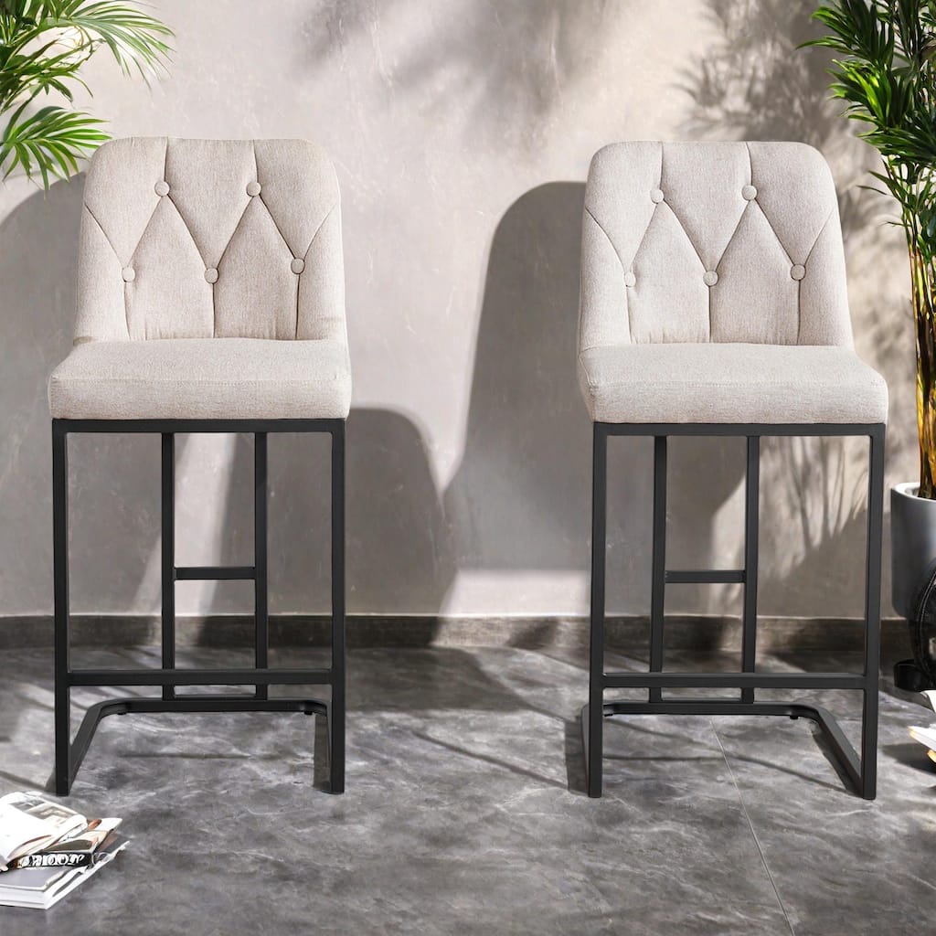 Fabric Bar Stools (Set of 2） with Button-Tufted Backrests, Sturdy Metal Frame, and Padded Seats