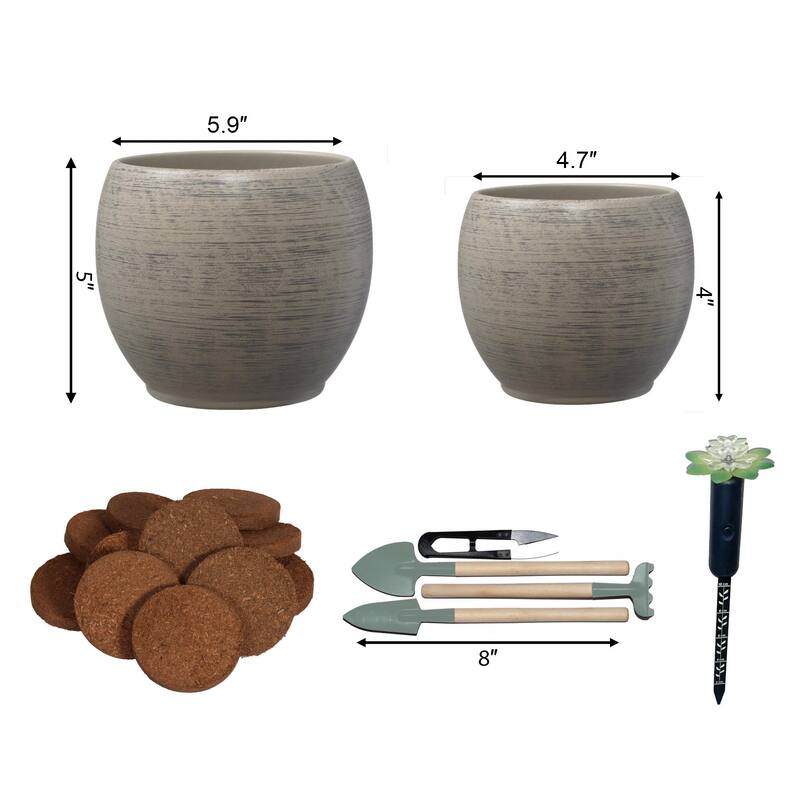 Alberta Fashion Brown Indoor Ceramic Plant Pot Kit with Soil Tools and Moisture Meter - 5.9" & 4.7" Dia