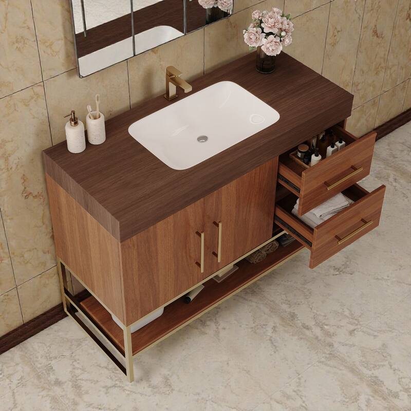 36 Inch Modern Bathroom Vanity with Seamless Ceramic Sink, Freestanding Cabinet with Gold Accents and Storage
