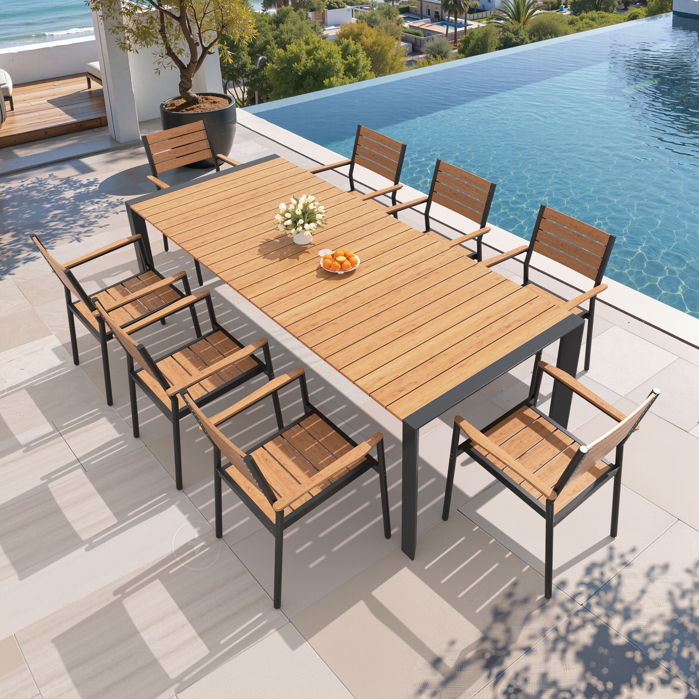 7/9/11-Piece Patio Dining Set Outdoor Aluminum Rectangle Dining Table and Stackable Chairs