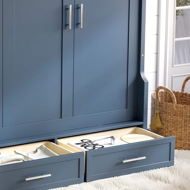 Murphy Platform Bed with Side Cabinets & Drawers, Wall Bed with Shelf for Home Office, Queen or Full