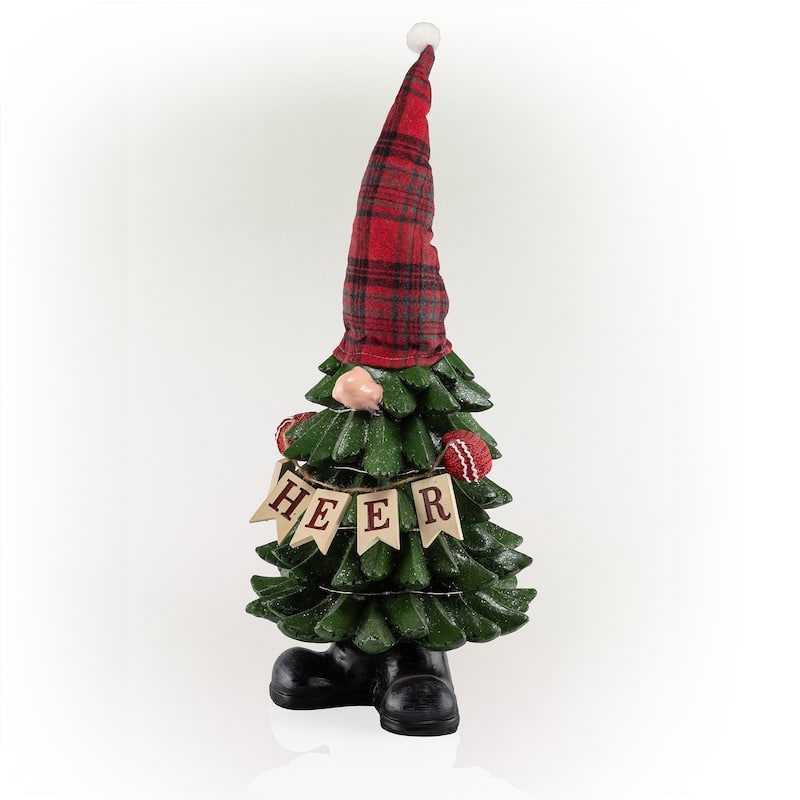 Alpine Corporation 28"H Polyresin Christmas Tree Gnome Decoration with Color Changing LED Lights