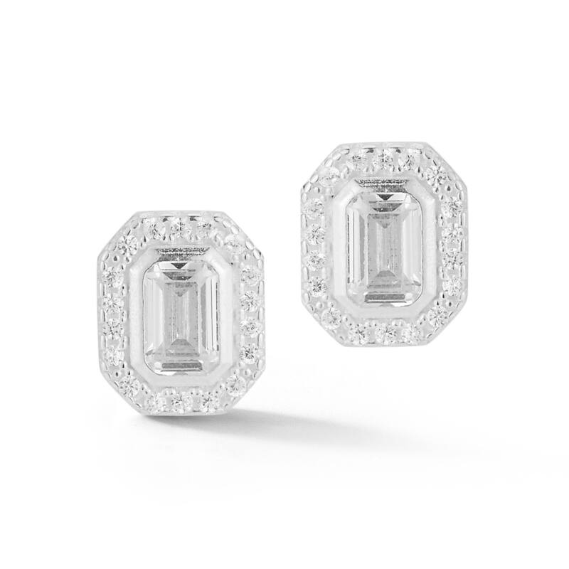 Soleil Sterling Silver Emerald Cut CZ Halo Studs