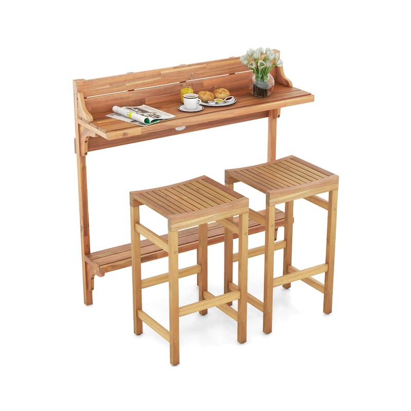 Outdoor 3-Piece Acacia Wood Bar Table Set with Footrest and Curved Seat - 48" L x 15" W x 48" H