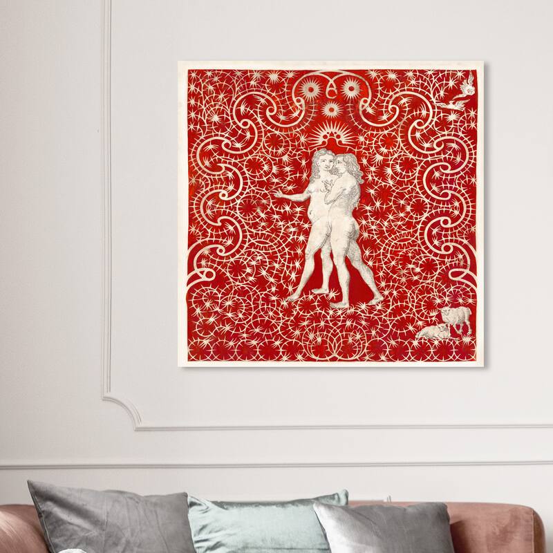 Wynwood Studio Canvas Spiritual and Religious Adam and Eve in the Garden Red and Crimson Traditional Wall Art Canvas Print - 40 x 40