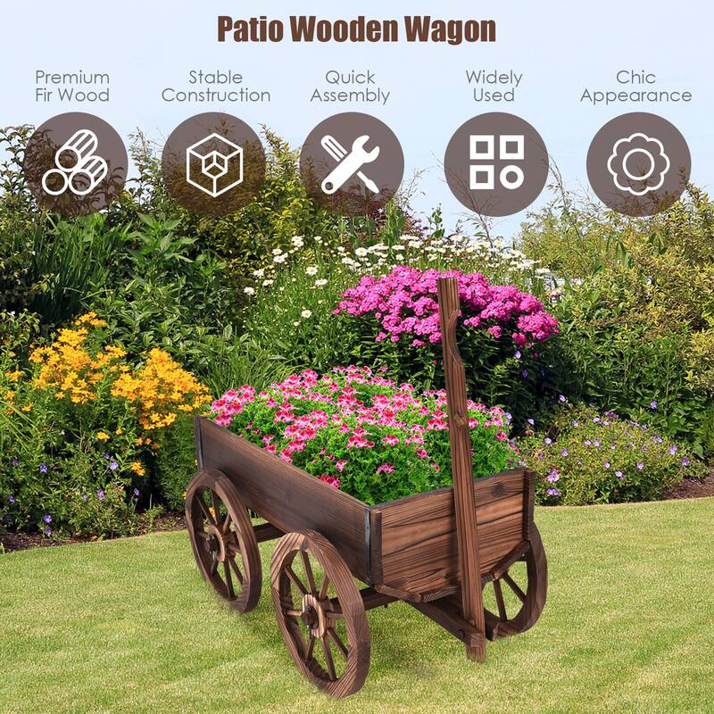Costway Wood Wagon Flower Planter Pot Stand W/Wheels Home Garden