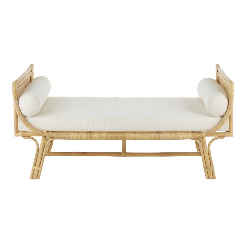 Light Brown Rattan Wrapped Home Bench with White Fabric Seat and Side Cushions