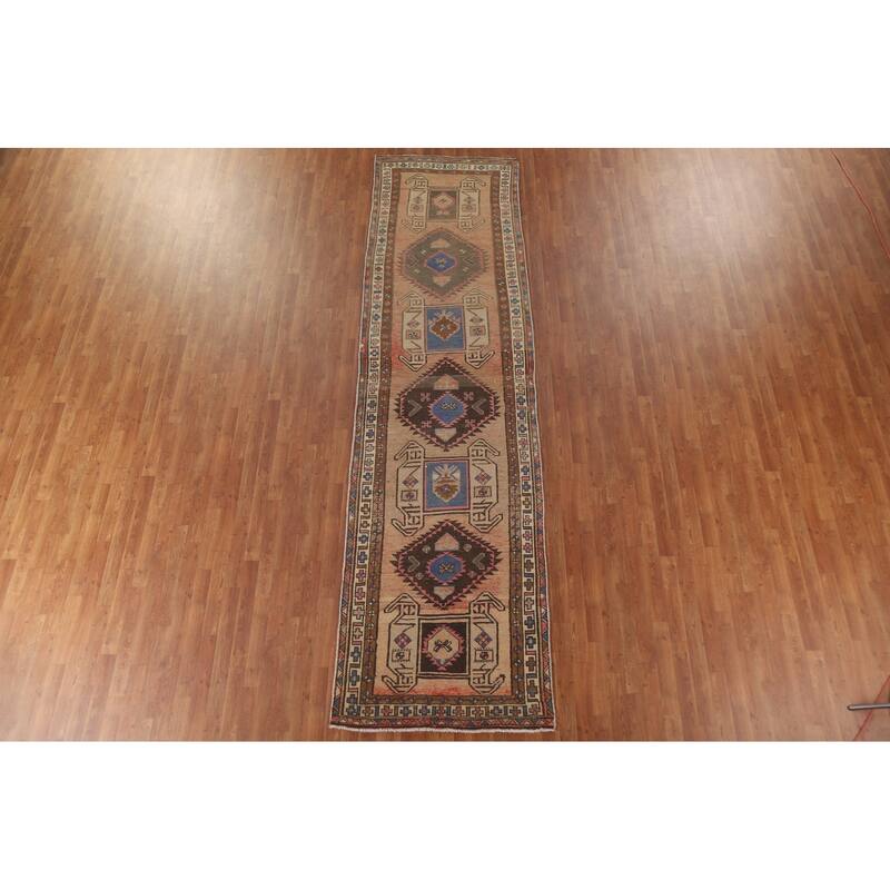 Tribal Ardebil Persian Vintage Runner Rug Handmade Orange Wool Carpet - 3'7" x 13'1"