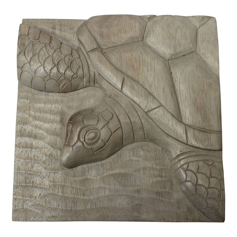 Sea Turtle Carved Wood Two Dimensional Gray Washed Wall Plaque 10 Inches