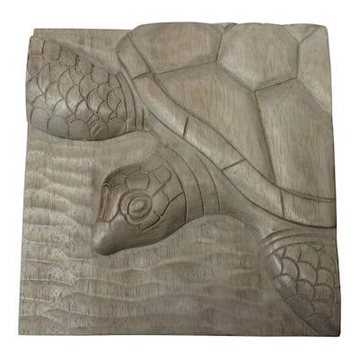 Sea Turtle Carved Wood Two Dimensional Gray Washed Wall Plaque 10 Inches