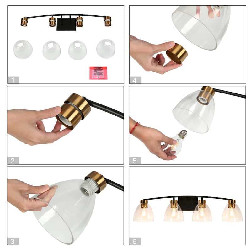Modern Farmhouse 4-Light Black Gold Bathroom Vanity Lights Glass Wall Sconces - D32.3" x H8.6"