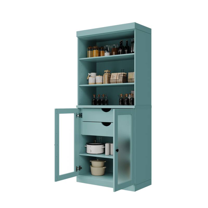 Palace Imports 100% Solid Wood Pantry Cabinet with Frosted Glass Doors, 2-Drawers and Adjustable Shelves - 32" x 71.5" - Aqua