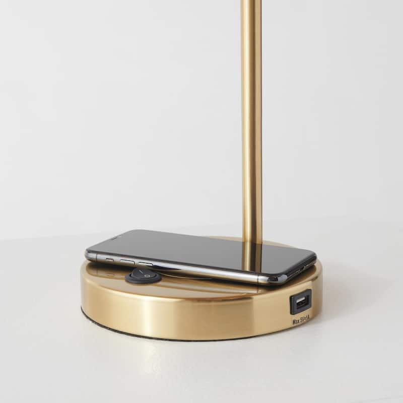 Brightech Elizabeth 16 in. Antique Brass Modern LED Desk Table Lamp with Built-In USB Port and Wireless Charging Pad (2-Pack)