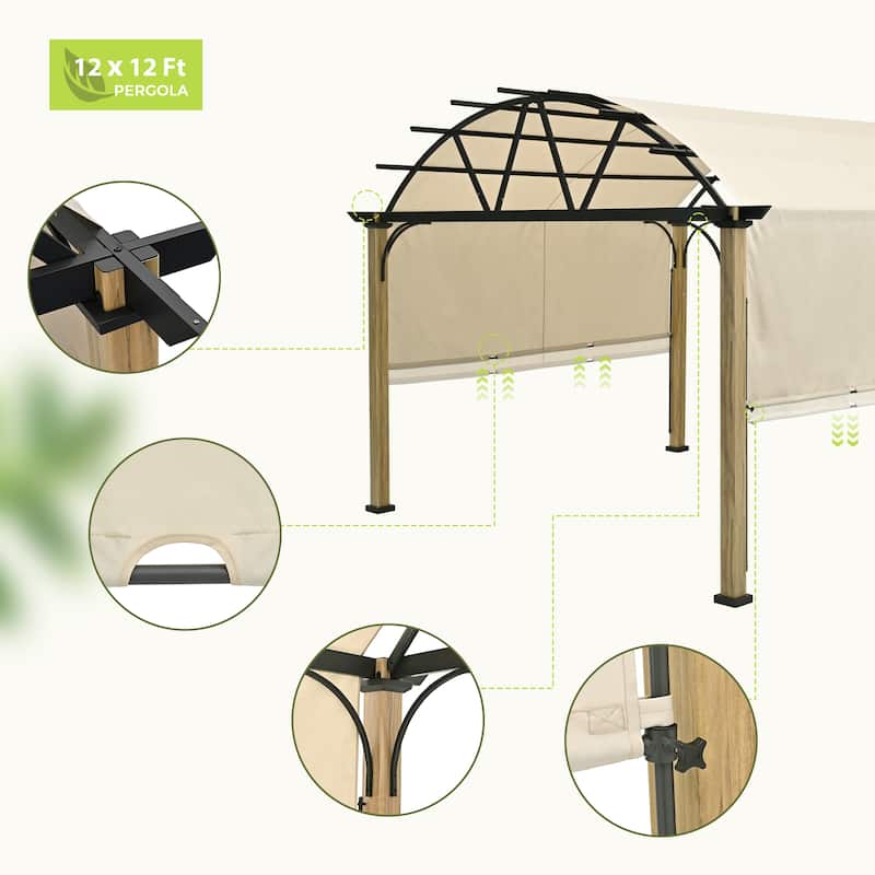 12 ft. x 12 ft. Wood Grain Aluminum Outdoor Pergola with Arched Canopy and Beige Retractable Shade