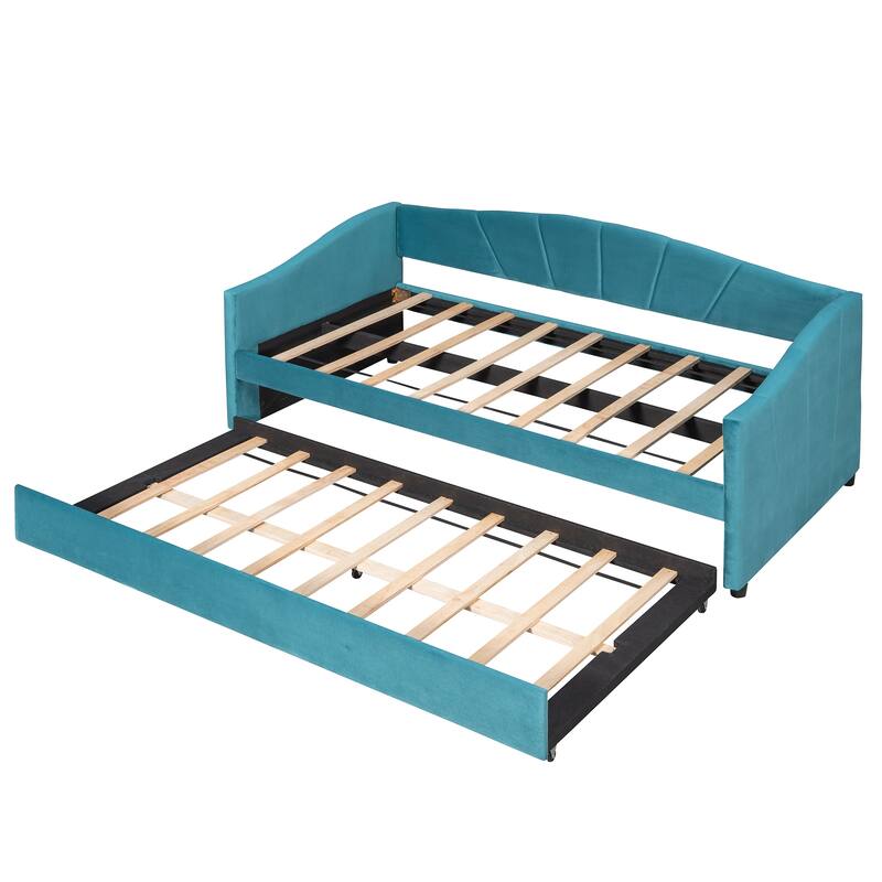 Twin Velvet Daybed with Trundle & Wood Slats