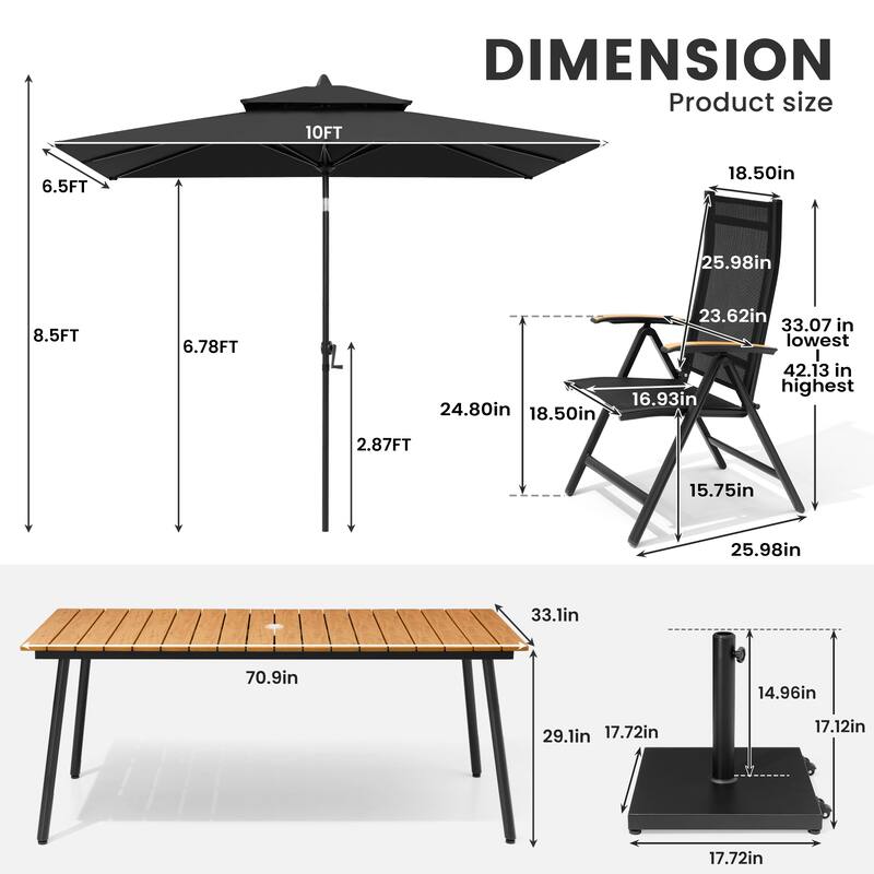 9/11-Piece Outdoor Patio Dining Set Aluminum Dining Table and Folding Chairs w/10 ft Umbrella and Base