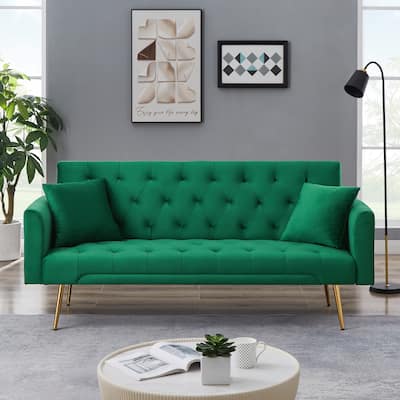Velvet Sofa Bed with Metal Legs & 2 Pillows